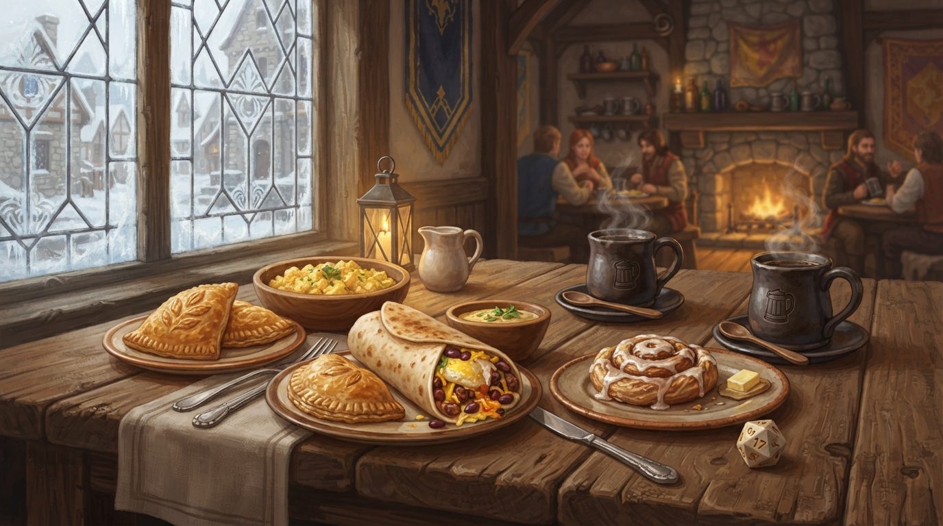 A tavern breakfast table: hand pies, a breakfast burrito, cinnamon roll, and steaming coffee beside a d20